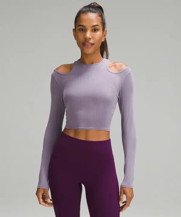 NWT LULULEMON Shoulder Cut-Out Yoga Long Sleeve Top Ribbed Cropped Purple Ash 6