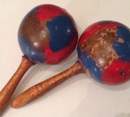 Pair of Red Blue Vintage Maracas Hand Painted Worn