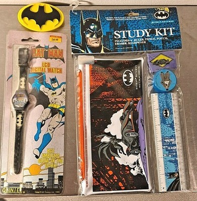 Batman 1985 Bat Signal Clip, 1991 Study Kit  1989 LCD Digital Watch NEW
