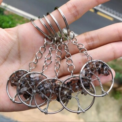 USA Seller 7 Chakra Agate Smoky Stone Tree Of Life Reiki Healing Keychain 1 PCS