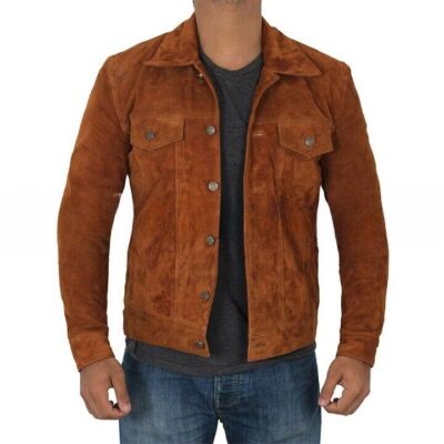 Men's Brown Suede Leather Trucker Jacket Classic Denim Shirt Style Button Jacket