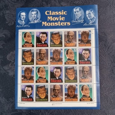 UNIVERSAL STUDIOS MONSTER STAMP SHEET FRANKENSTEIN DRACULA WOLF MAN