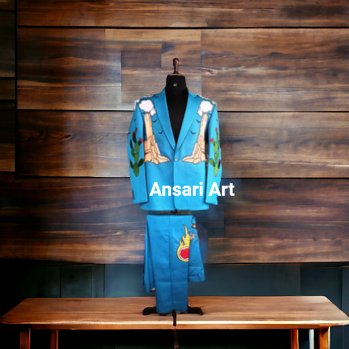 Pre-owned Art Men Custom Made 2pc Western Wedding Suit Embroidered Cocktail Prom Attire Outfit In Blue