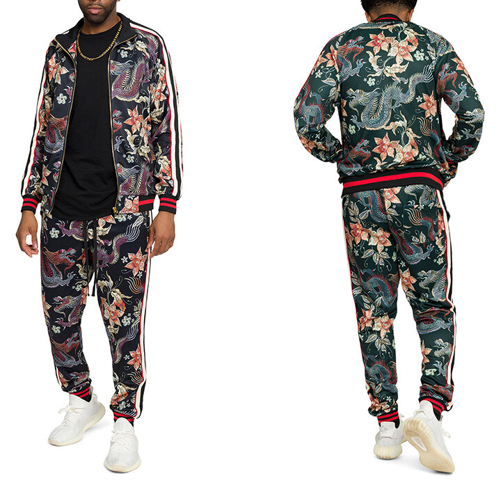Men's Dragon Floral Tracksuit Jogging Set Pant &Jacket Sweatsuit S~5XL   ST853EY