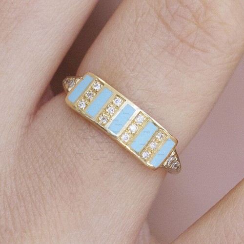 Pre-owned Irisha Designs Turquoise And Diamond Bar Ring Fine Jewelry Gift For Her 14k Gold Fine Jewelry In F-g