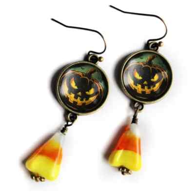 Black Cat Retro Candy Corn Halloween Dangle Earrings, Nickel-Free Bronze