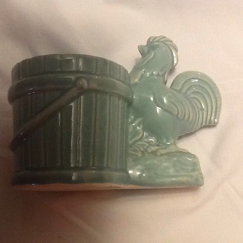 Vintage Aqua Pottery Rooster Pail Bucket Planter Trinket Holder Memory Catcher
