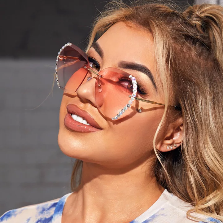 Fashion Bling  diamond Women Rimless Metal Sun Glasses
