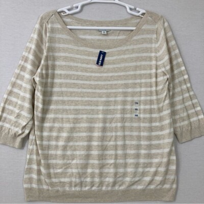 New Old Navy Cream White Striped Round Neck Soft Stretch Cotton Top XXL