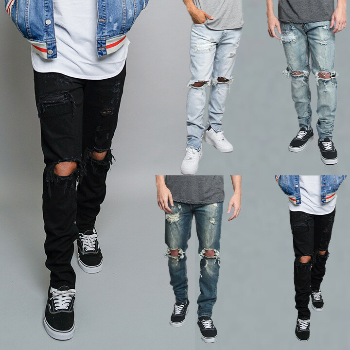 's Casual Distressed Denim Ripped Jeans With Ankle Zipper Dl1206