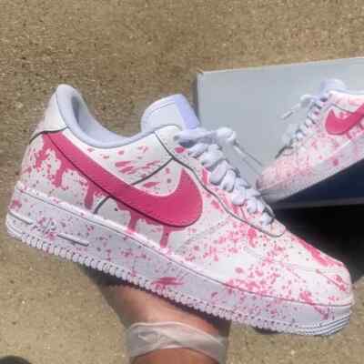 Air Force 1 Custom White Shoes ''Hot Pink Splatter Drip Swooshes'' Mens Size 12