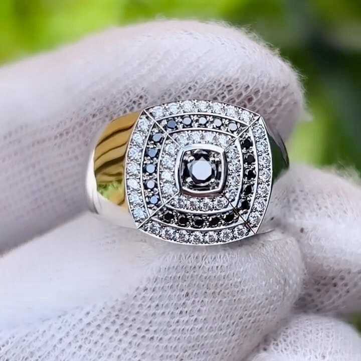 Pre-owned Onyx Black  Diamond Mens Ring, Cz Silver + Gold Plated Men Engagement Ring
