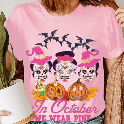 Maglietta da donna Skulls In October Wear Pink Breast Cancer Awareness 2023 #BC