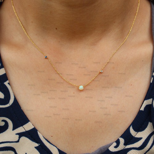 Pre-owned Irisha Designs 0.08ct. Vs Diamond Blue Sapphire-opal Stone Necklace In 14k Gold Fine Jewelry In F-g