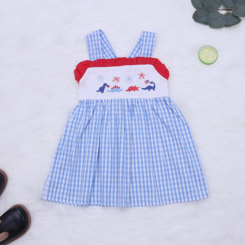 NEW Boutique 4th of July Dinosaur Girls Blue Gingham Dress