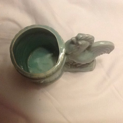 Vintage Aqua Pottery Rooster Pail Bucket Planter Trinket Holder Memory Catcher