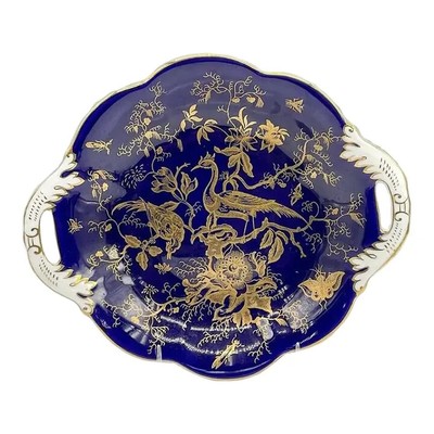 Vintage Coalport Bone China Double Handled Cobalt Blue Bowl w/Gold Birds England