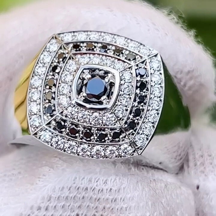 Pre-owned Onyx Black  Diamond Mens Ring, Cz Silver + Gold Plated Men Engagement Ring