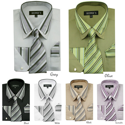 Men's Dress Shirt with Matching Tie And Handkerchief Set 6 Colors Size 15~20 