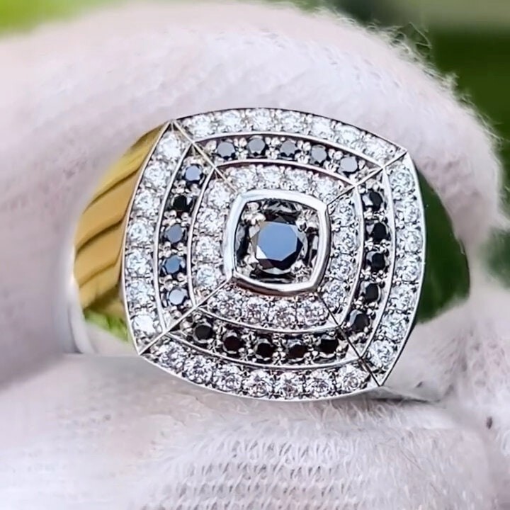 Pre-owned Onyx Black  Diamond Mens Ring, Cz Silver + Gold Plated Men Engagement Ring
