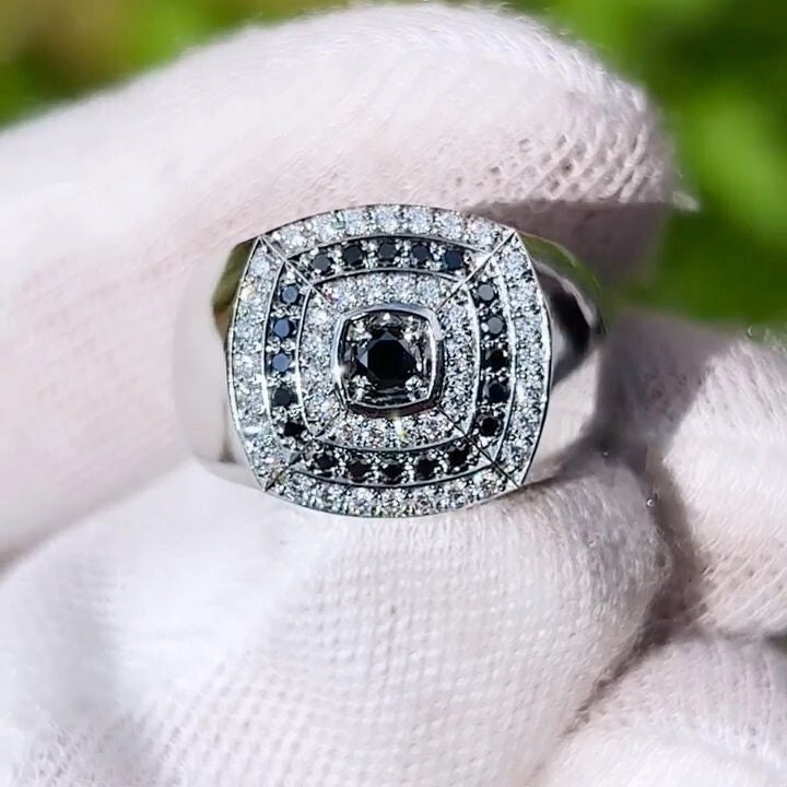 Pre-owned Onyx Black  Diamond Mens Ring, Cz Silver + Gold Plated Men Engagement Ring