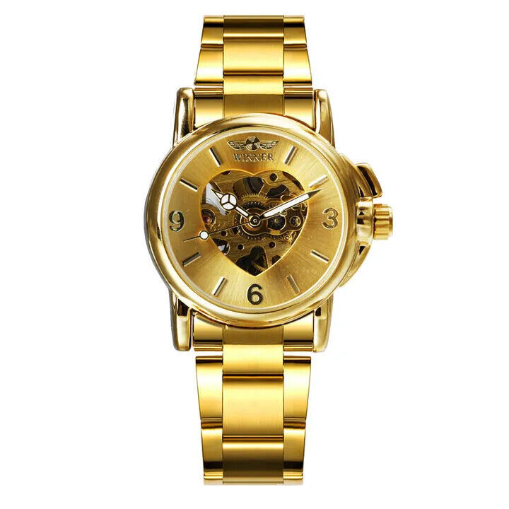 Stainless Steel Band Women Automatic Mechanical Watch Golden Heart Skeleton Dial