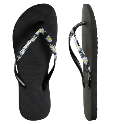 NEW Havaianas HAVAIANAS Slim Print Strap Daisy Black Silver Female Thongs
