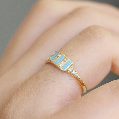 Pre-owned Irisha Designs Turquoise And Diamond Bar Ring Fine Jewelry Gift For Her 14k Gold Fine Jewelry In F-g