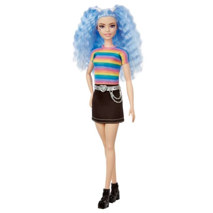 Barbie Fashionistas Doll Blue Hair Rainbow Striped Shirt & Blue