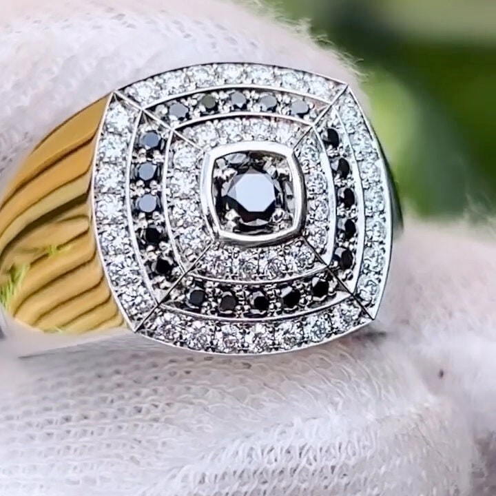 Pre-owned Onyx Black  Diamond Mens Ring, Cz Silver + Gold Plated Men Engagement Ring