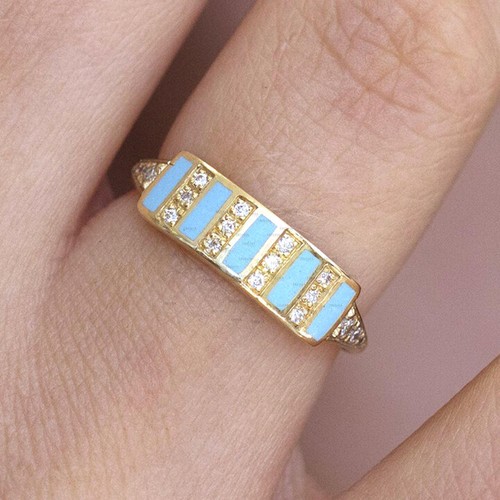 Pre-owned Irisha Designs Turquoise And Diamond Bar Ring Fine Jewelry Gift For Her 14k Gold Fine Jewelry In F-g