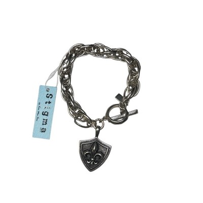 Stigma Bracelet Fleur-de-Lis Silver Tone Cuban Link Chain 9'' Chunky Kim Min Sun