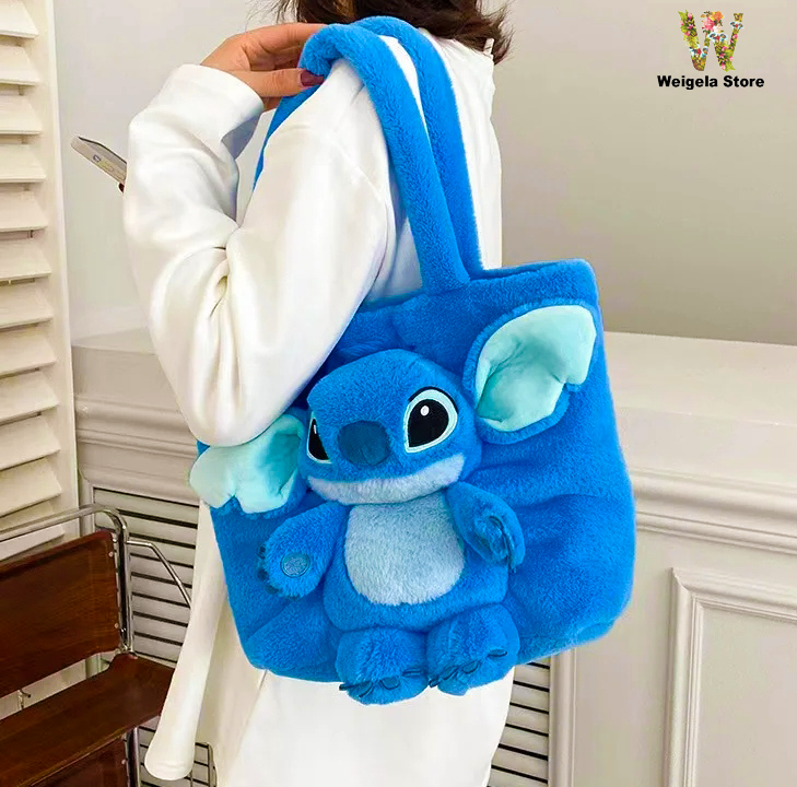 ◇ILLIGO◇ Love Stitch Shoulder Bag Blue Lilo & Stitch Plush Shoulder Bag Winnie Pooh Tote Cartoon