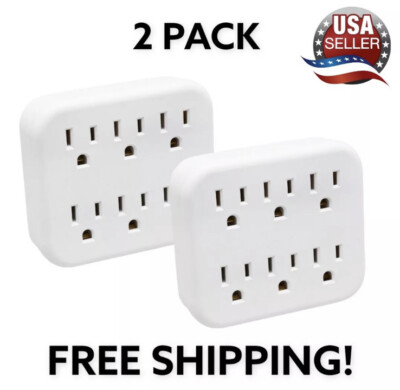 2 Pack White 6 Outlet Wall Outlet Adapters Multi Plug Power Splitters Electrical