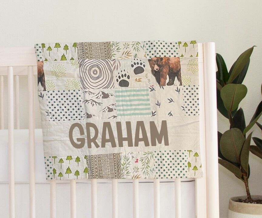New Handmade Woodland Personalized Baby Blanket, Rustic Wood