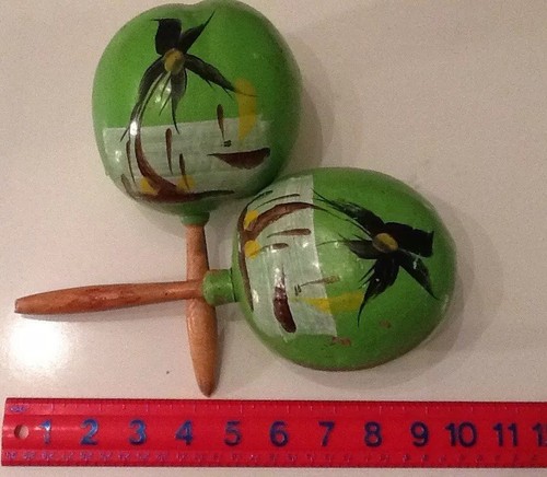 Pair of Green Mexican Maracas Hand Painted Vintage 1980s