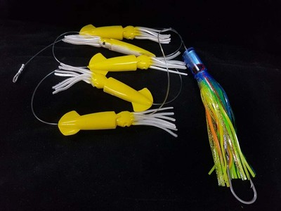 DAISY CHAIN 5 YELLOW PEARL SQUID 8'' FAT BOY C4-TUBE GRN/EVIL LURE  8/0 S/SHOOK 