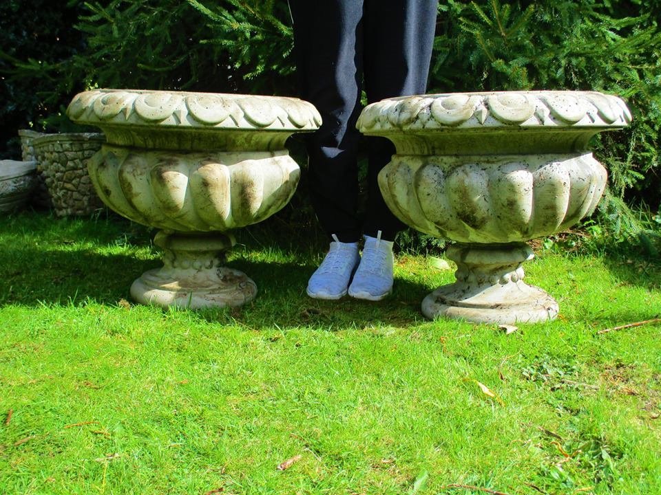 Pair of huge reclaimed stone garden urns in Bradford, West Yorkshire