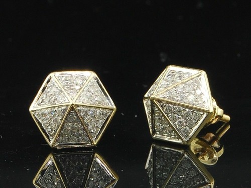Pre-owned Jfl Diamonds & Timepieces Diamond Pointed Hexagon Earrings 10k Yellow Gold Round Pave Studs 3/4 Tcw. In White