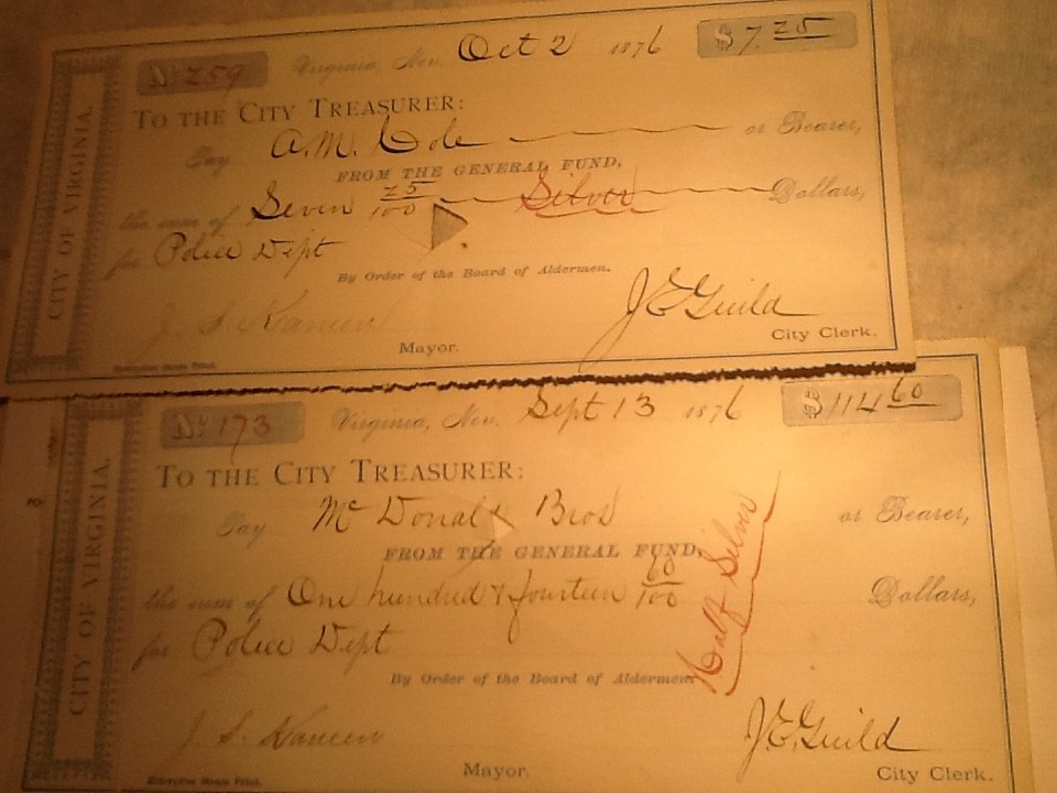 Antique 1876 Virginia City Police Dept. Receipts Mining Claim