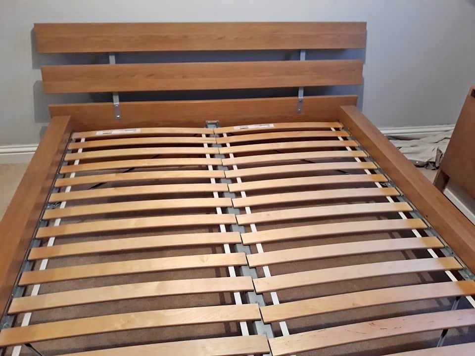 King size bed, very strong, oak finish, slatted base dismantled ready