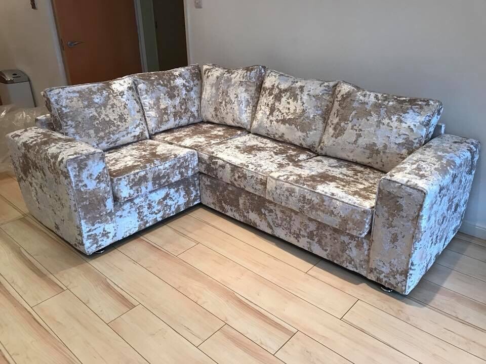 luxury real double crushed velvet L corner sofa suite mink beige gold