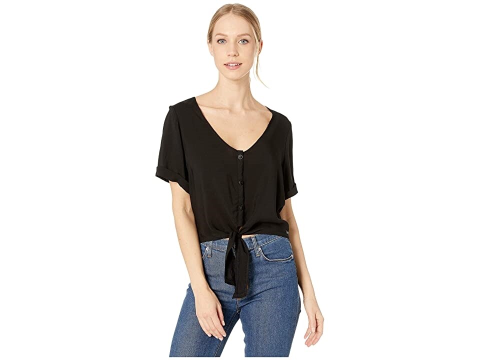 Hurley 180372 Womens Short Sleeve Tie Front Cropped Blouse Black Size Medium