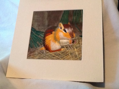 kings Silk Embroidery chipmunk  8x8 mated signed Handmade silk picture