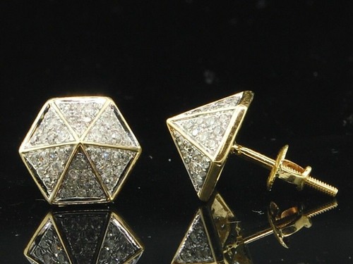 Pre-owned Jfl Diamonds & Timepieces Diamond Pointed Hexagon Earrings 10k Yellow Gold Round Pave Studs 3/4 Tcw. In White
