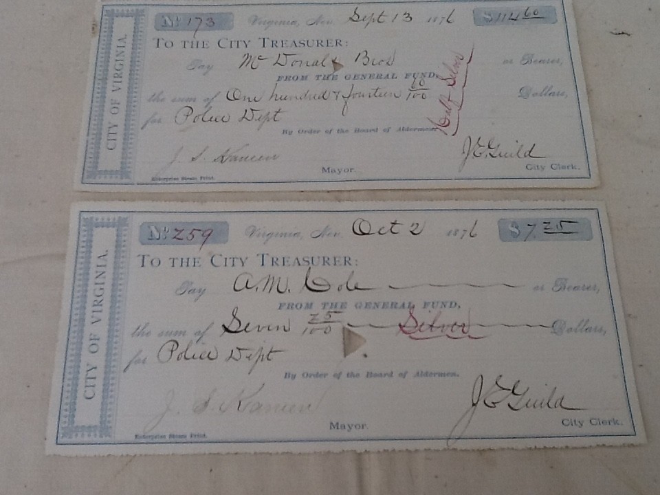 Antique 1876 Virginia City Police Dept. Receipts Mining Claim