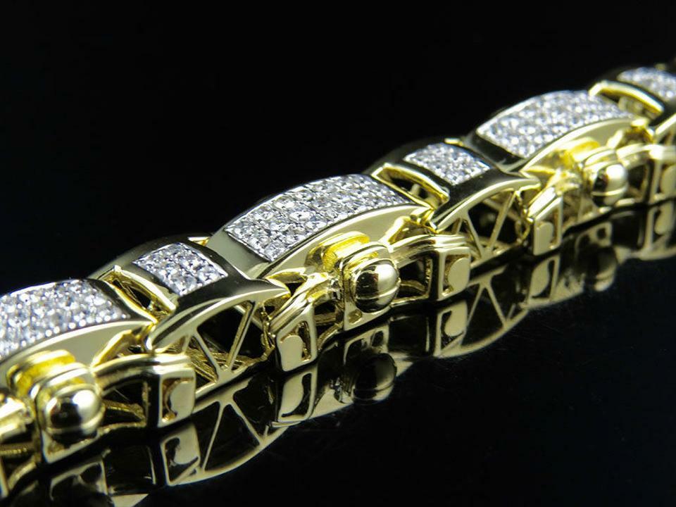 Pre-owned Online0369 5.18ct Cubic Zirconia Mens Designer Link Bracelet Silver Yellow Gold Plated