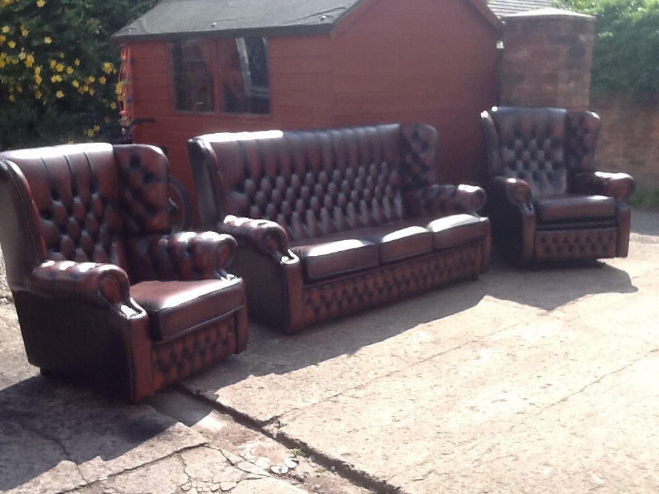 Leather chesterfield 3 piece suite 3 seater 2 chairs immaculate condition high back wing back Leather chesterfield 3 piece suite 3 seater 2 chairs immaculate condition high back wing back
