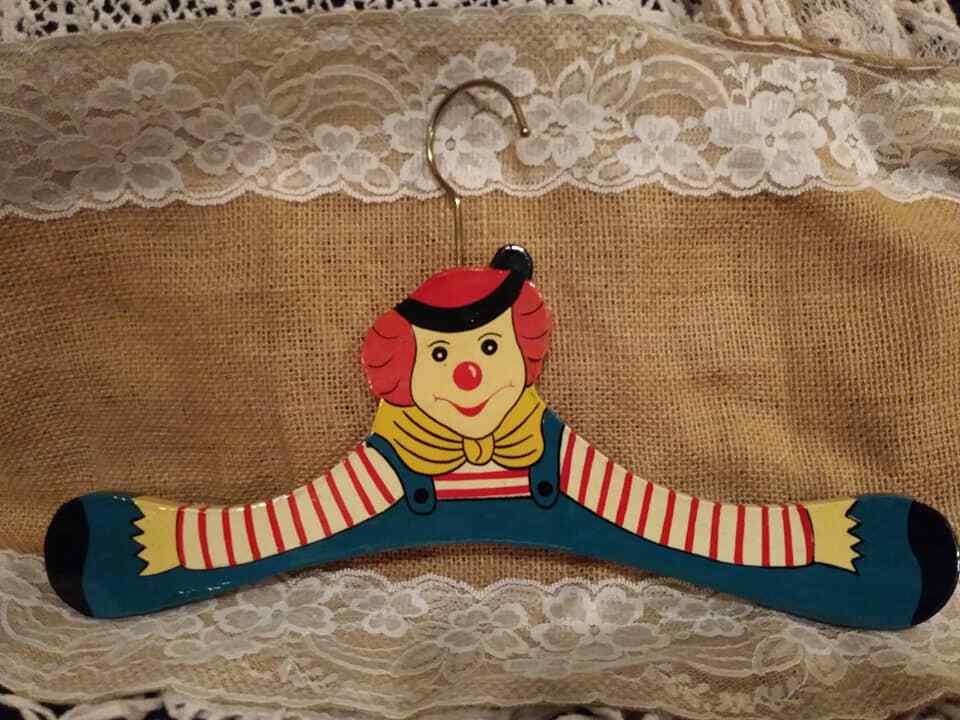 Vintage Beautiful  4 Clown Hangers made of wood and hand painted. RARE!