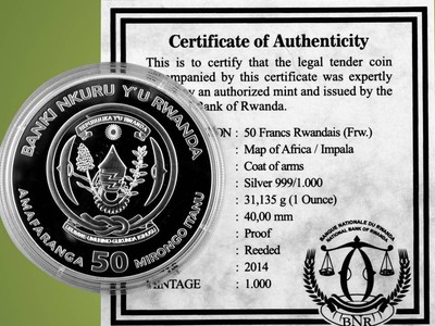 2014 RWANDA IMPALA  PROOF 1 OZ FINE SILVER - AFRICAN  OUNCE WILDLIFE SERIES RARE
